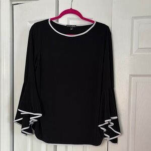Black Ruffled Bell Sleeve Blouse with White Trim